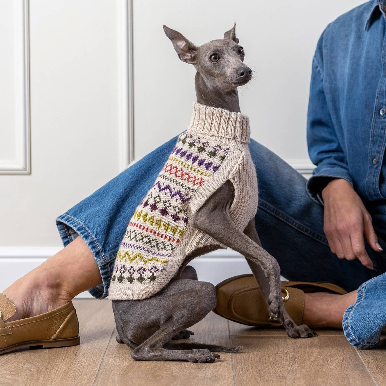 Beiger Tribal-Alpaka-Hundepullover