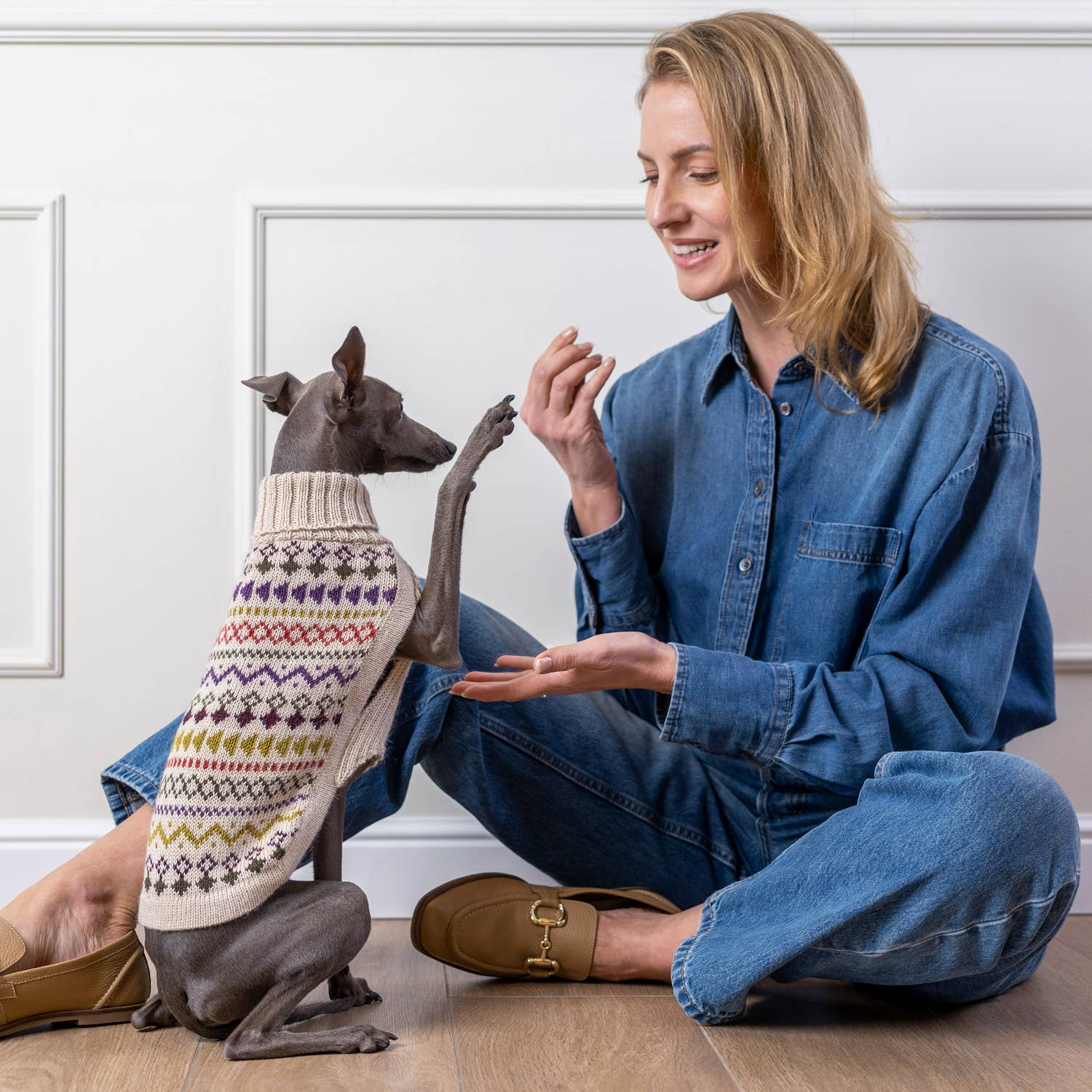 Beiger Tribal-Alpaka-Hundepullover