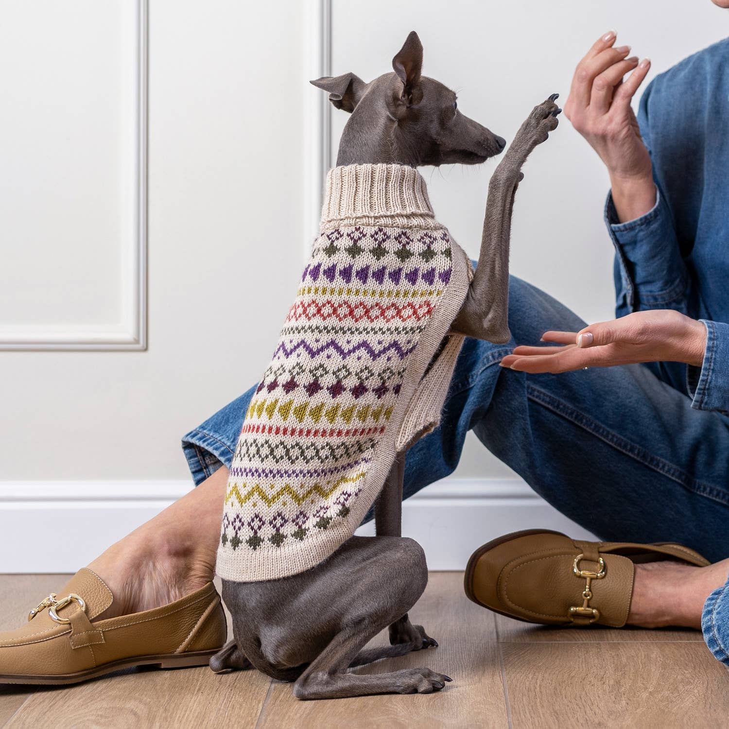 Beiger Tribal-Alpaka-Hundepullover